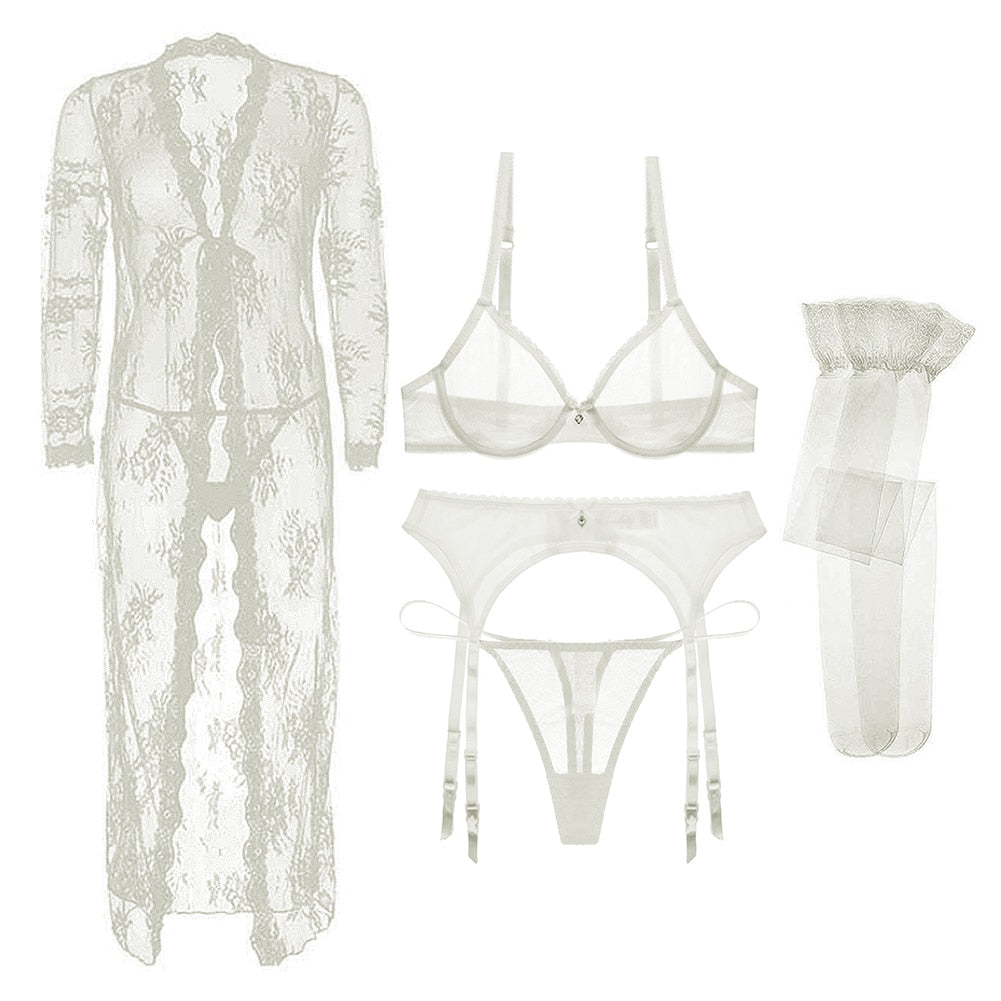 Lingerie Set Robe+Bra+Garter+Thong+Stockings Underwear Black/White Lace See Through Bra Set
