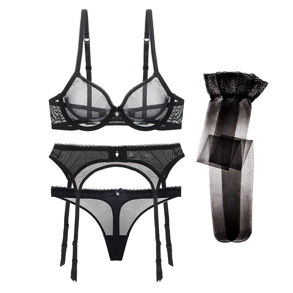 Transparent bras+garters+panties+stockings yarn 3/4 cup bra